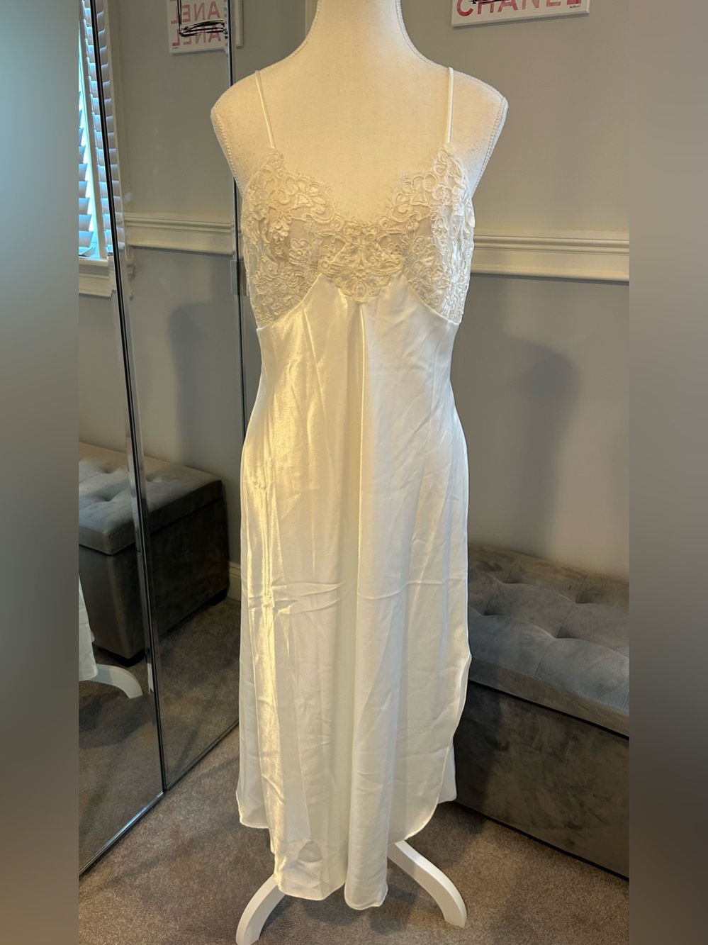 Vintage Bridal Satin & Lace-Trim Slip Dress Size M